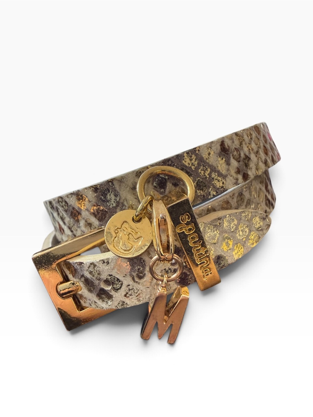 Spartina 449 Metallic LeatherSnake-Print Double Wrap Bracelet w/ “M” Charm EUC